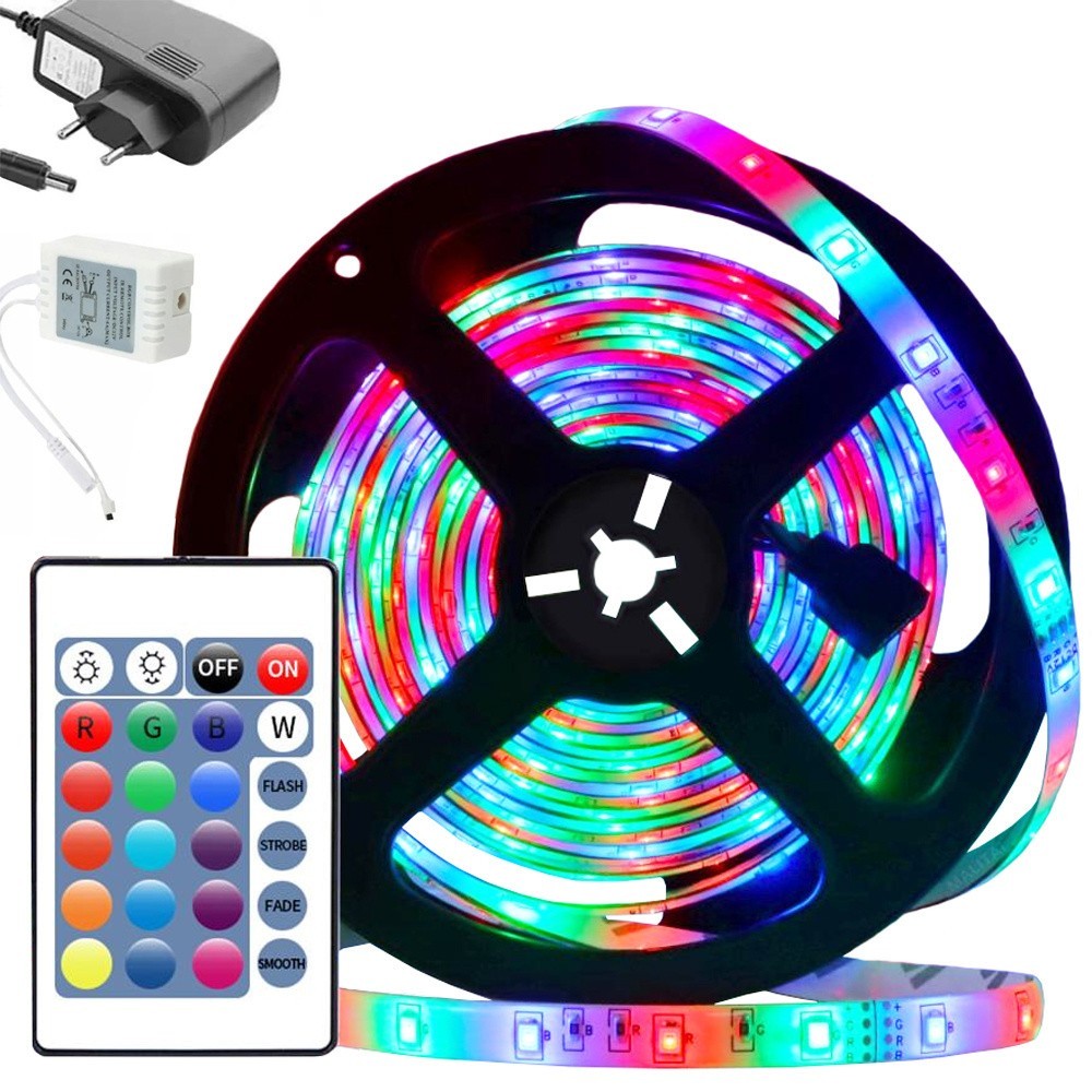 RGB LED Streifen 3528 – 4,5 m Wasserdicht IP65 mit Fernbedienung & Netzteil – 16 Farben, Dimmbar, Zuschneidbar