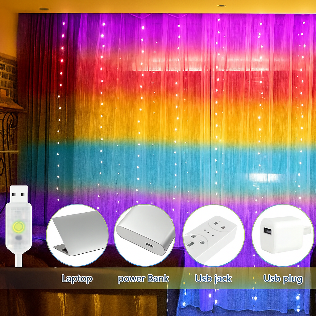 Bunter LED Lichtervorhang 3x3m – 300 LEDs, Regenbogenfarben, USB, Fernbedienung, 8 Modi & Timer für Fenster, Wand & Schlafzimmer