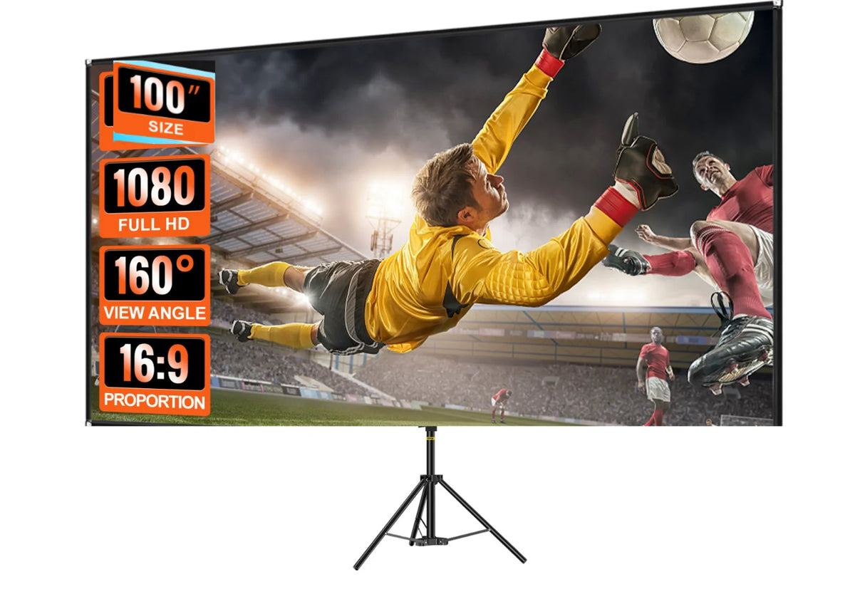 Beamer Leinwand mit Stativ 70–150 Zoll Auswahl – 16:9 Projektor Leinwand für Heimkino, Präsentationen und Outdoor Kino