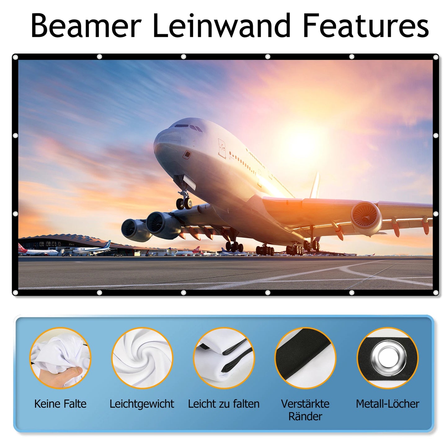 100 Zoll Beamer Leinwand 16:9 – Faltbare HD Projektorleinwand mit Haken, Tragbare Heimkino Leinwand für Innen & Außen