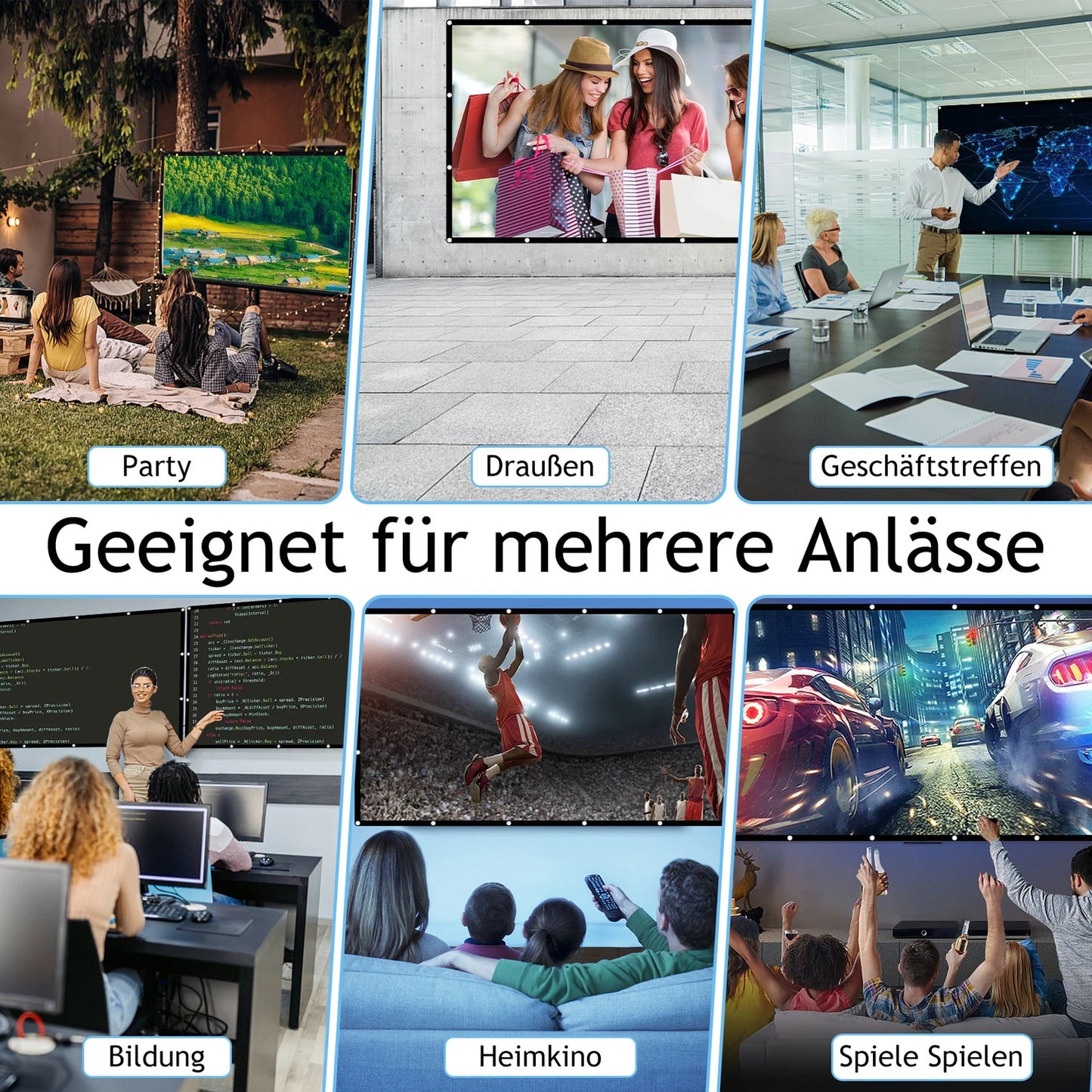 100 Zoll Beamer Leinwand 16:9 – Faltbare HD Projektorleinwand mit Haken, Tragbare Heimkino Leinwand für Innen & Außen