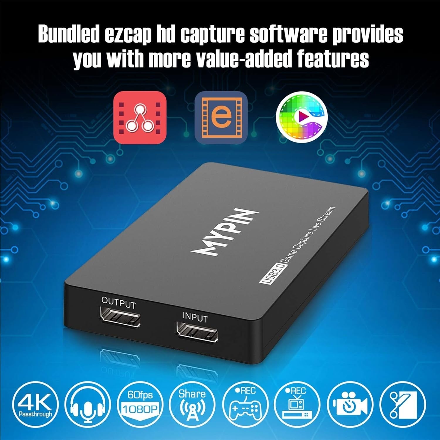 HD Game Capture Karte 4K 60fps HDR – USB 3.0 Videoaufnahme & Live Streaming Gerät | Kompatibel mit PS3, PS4, Xbox One, 360, Wii U & PC