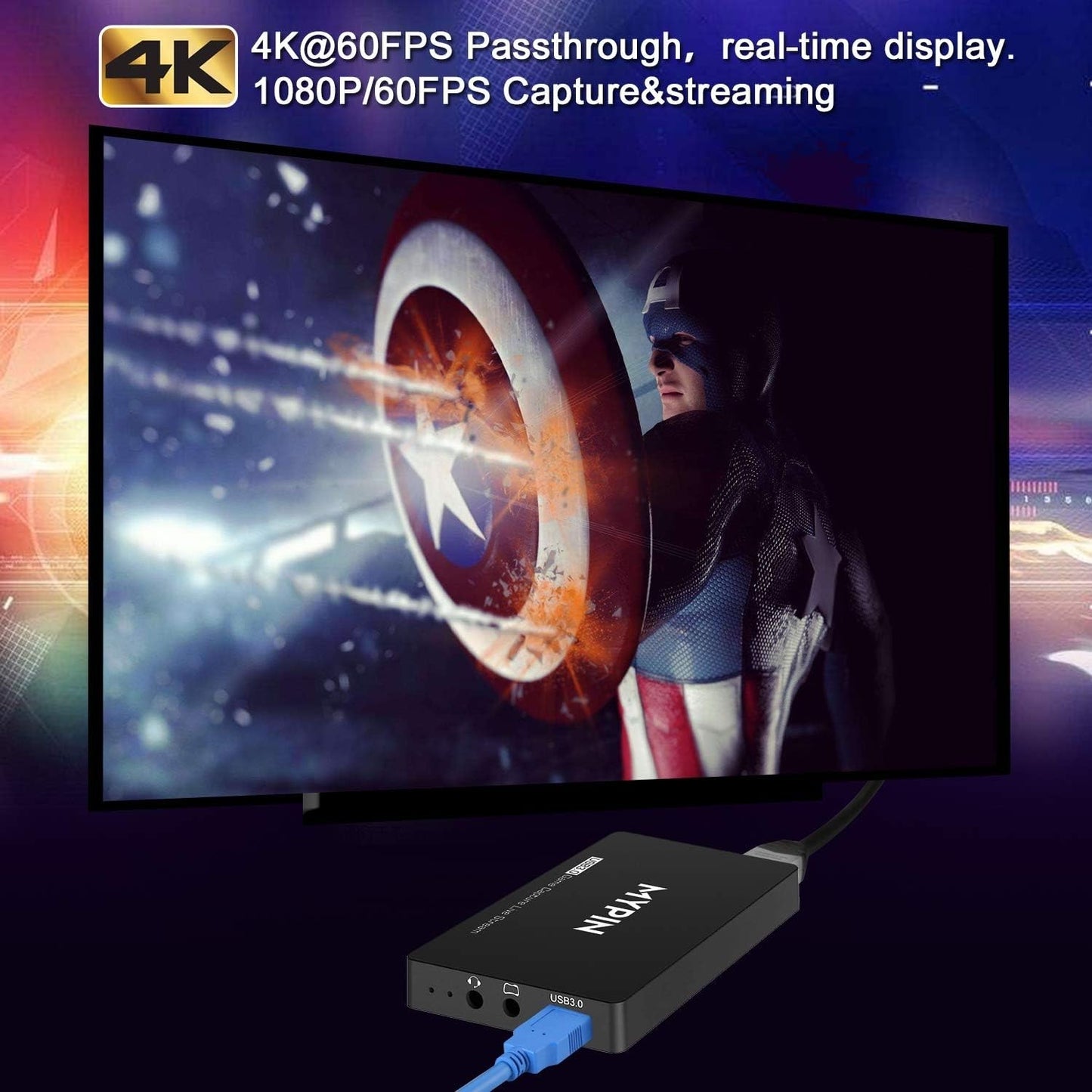 HD Game Capture Karte 4K 60fps HDR – USB 3.0 Videoaufnahme & Live Streaming Gerät | Kompatibel mit PS3, PS4, Xbox One, 360, Wii U & PC