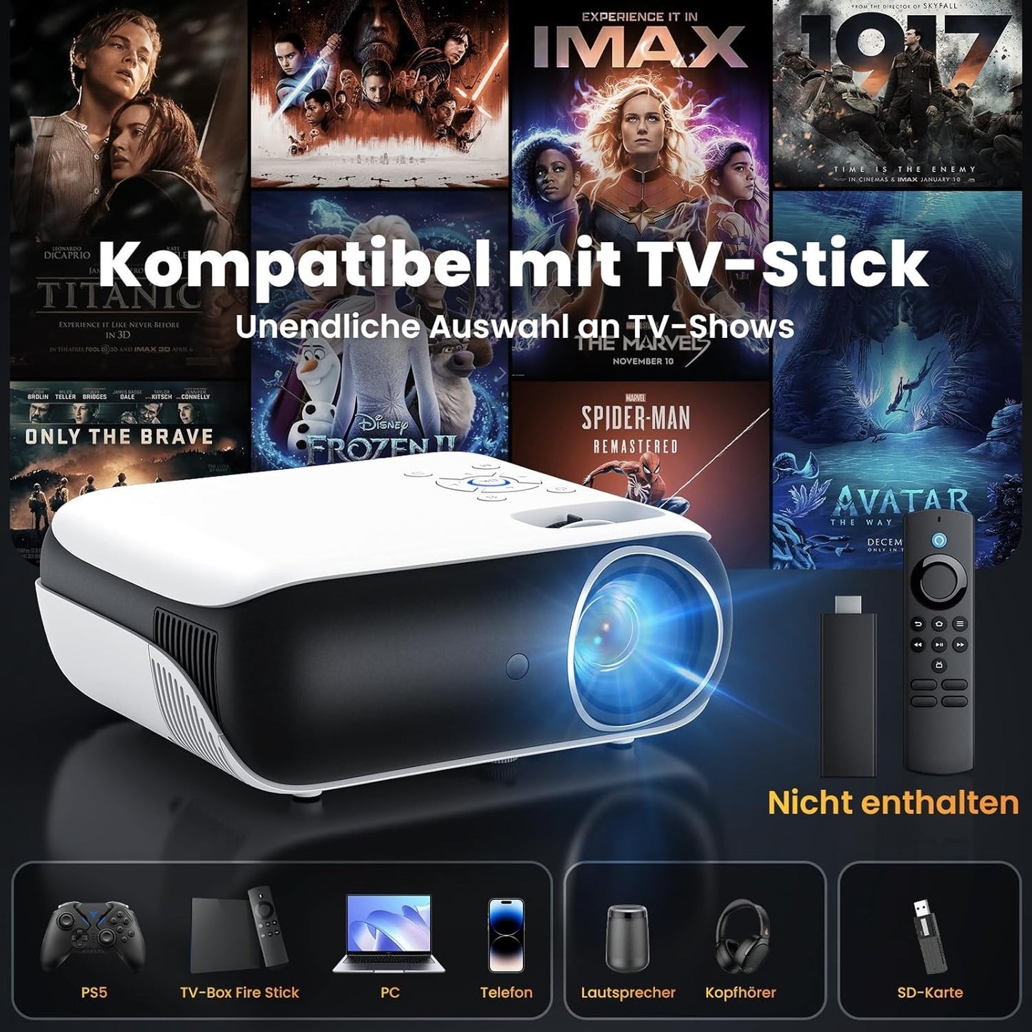 Full HD 1080P Beamer 4K Bluetooth Heimkino Mini Projektor 9500 Lumen