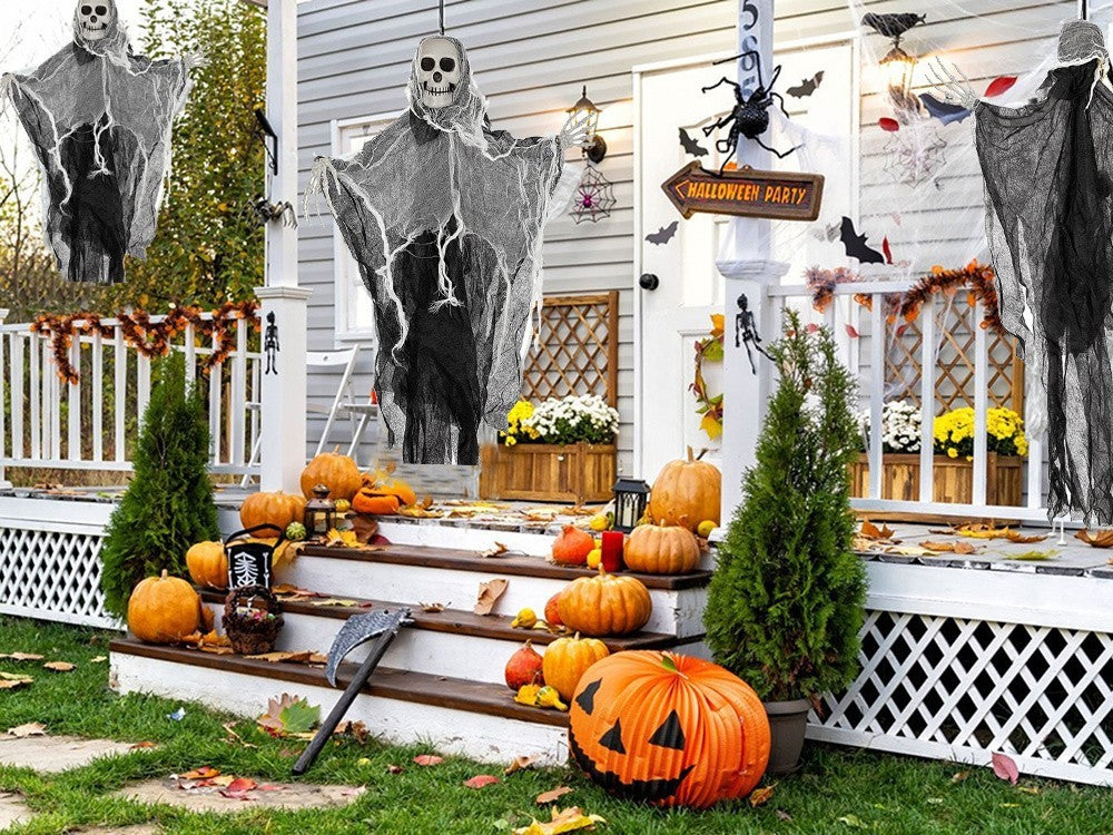 Gruselige Halloween Deko Hängendes Gespenst mit Schädel Tot 80cm 💀🕯