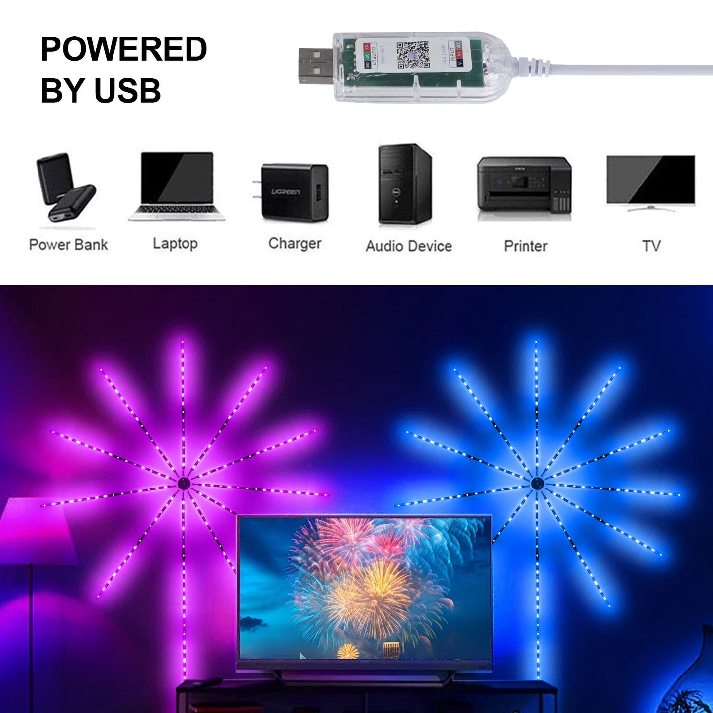 RGB LED Feuerwerk Lichterkette mit Bluetooth Musikmodus & Traumfarben 5V USB