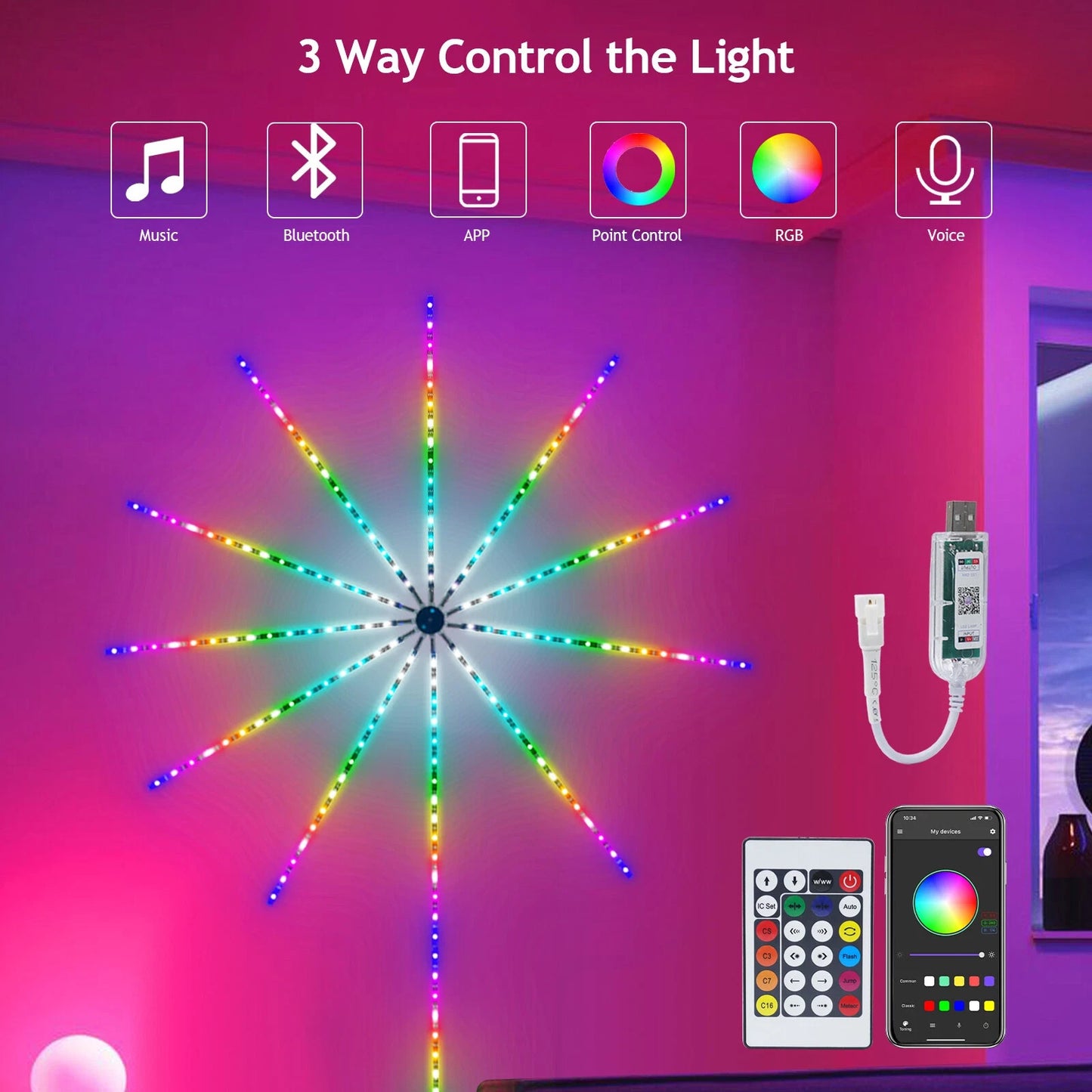 RGB LED Feuerwerk Lichterkette mit Bluetooth Musikmodus & Traumfarben 5V USB