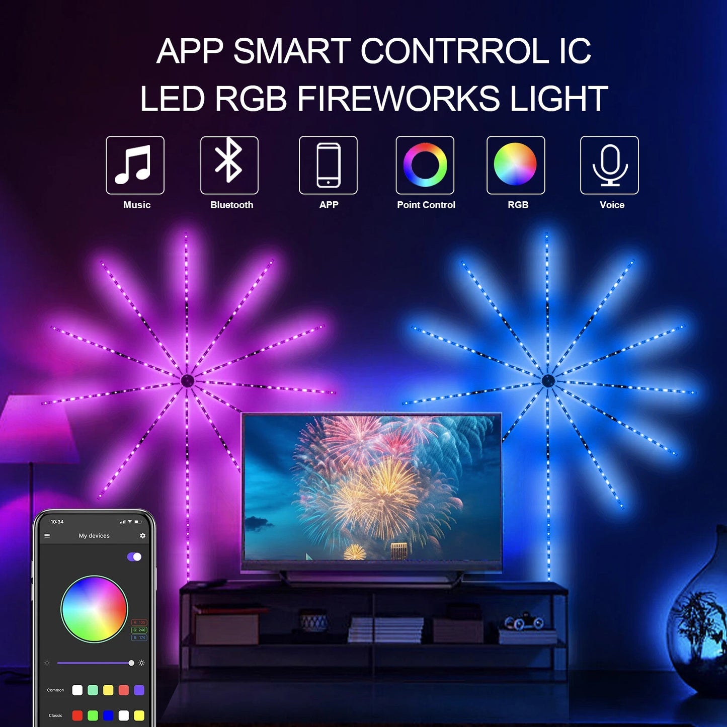 RGB LED Feuerwerk Lichterkette mit Bluetooth Musikmodus & Traumfarben 5V USB