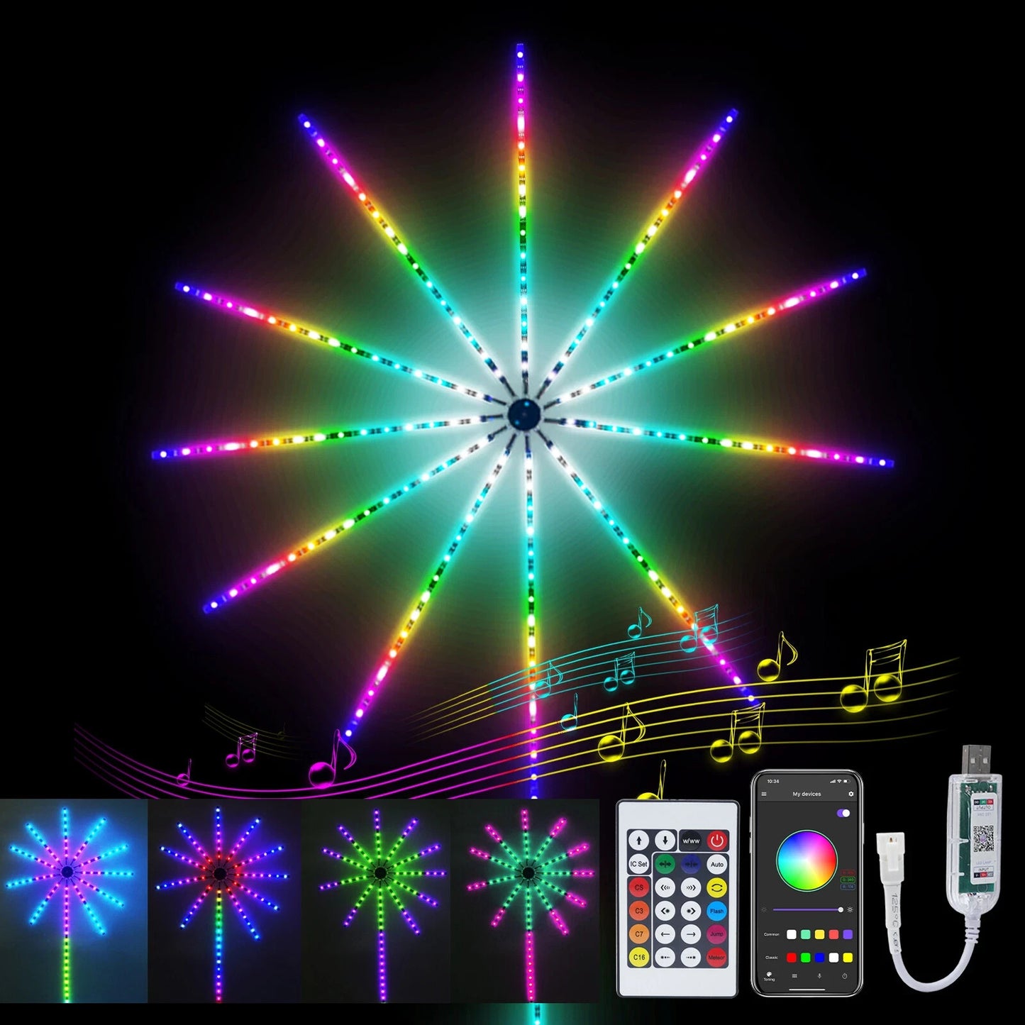 RGB LED Feuerwerk Lichterkette mit Bluetooth Musikmodus & Traumfarben 5V USB