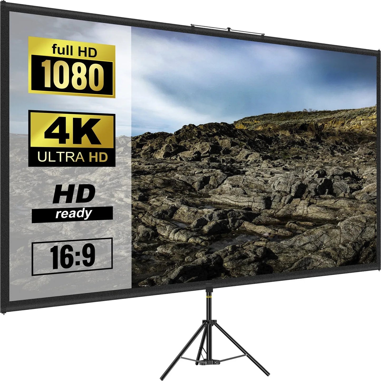 Beamer Leinwand mit Stativ 70–150 Zoll Auswahl – 16:9 Projektor Leinwand für Heimkino, Präsentationen und Outdoor Kino