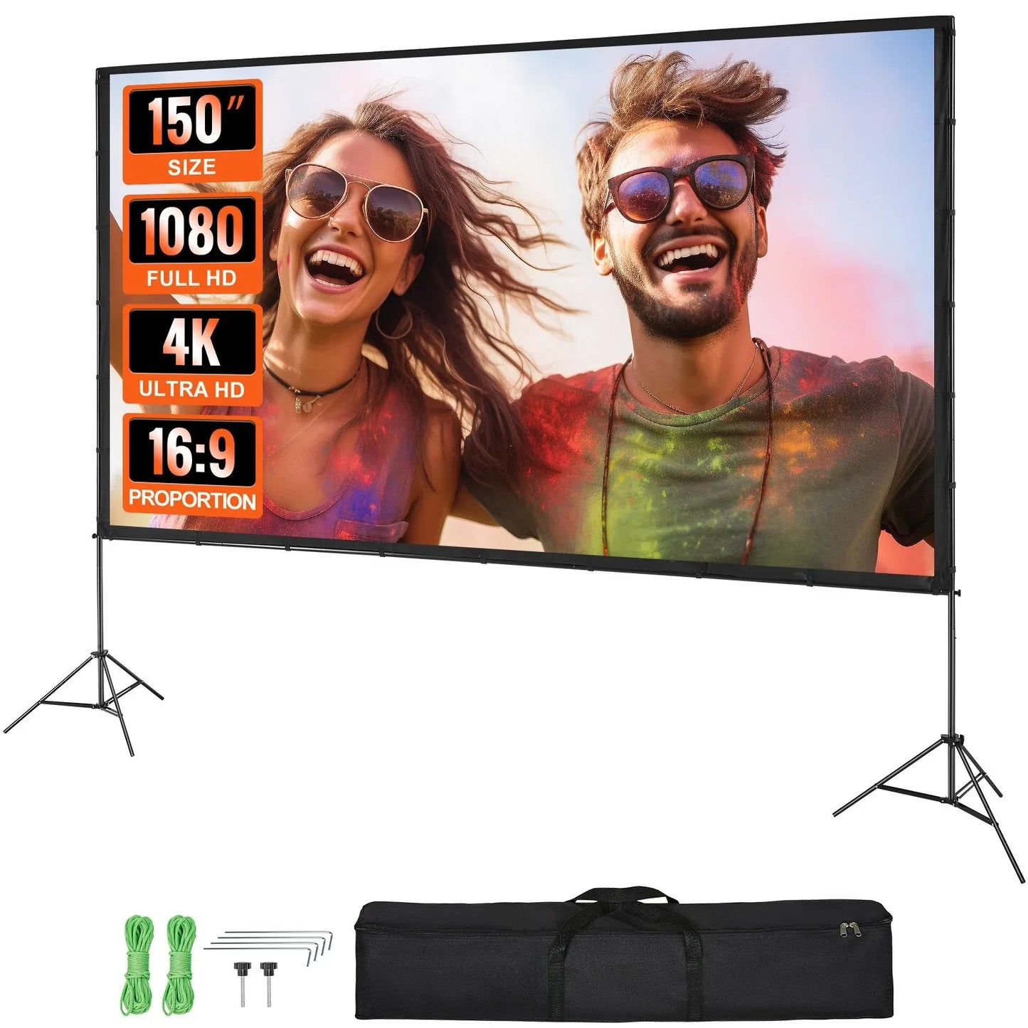 Beamer Leinwand mit Stativ 70–150 Zoll Auswahl – 16:9 Projektor Leinwand für Heimkino, Präsentationen und Outdoor Kino