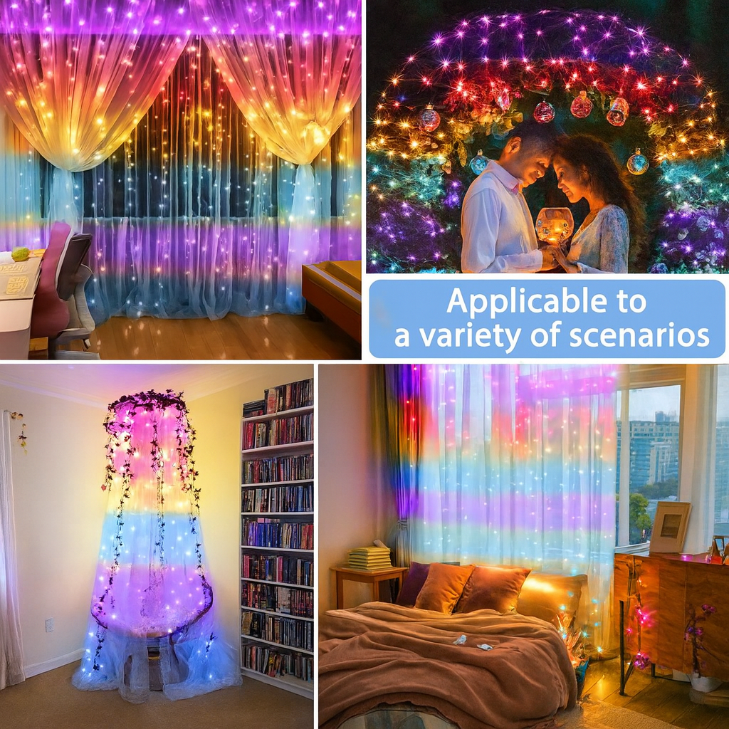 Bunter LED Lichtervorhang 3x3m – 300 LEDs, Regenbogenfarben, USB, Fernbedienung, 8 Modi & Timer für Fenster, Wand & Schlafzimmer