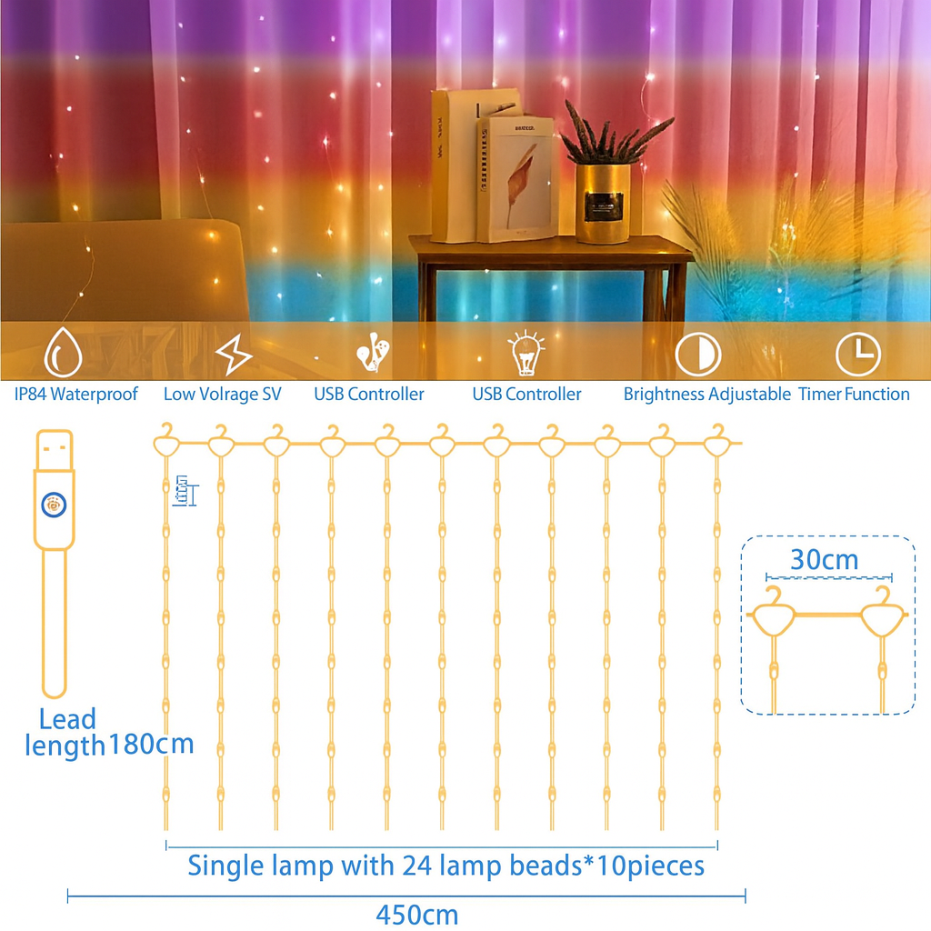 Bunter LED Lichtervorhang 3x3m – 300 LEDs, Regenbogenfarben, USB, Fernbedienung, 8 Modi & Timer für Fenster, Wand & Schlafzimmer