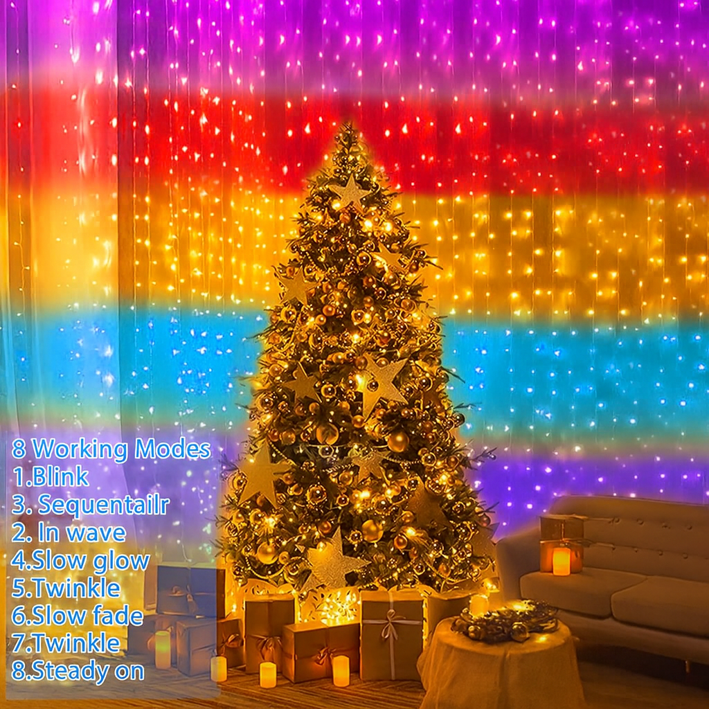 Bunter LED Lichtervorhang 3x3m – 300 LEDs, Regenbogenfarben, USB, Fernbedienung, 8 Modi & Timer für Fenster, Wand & Schlafzimmer