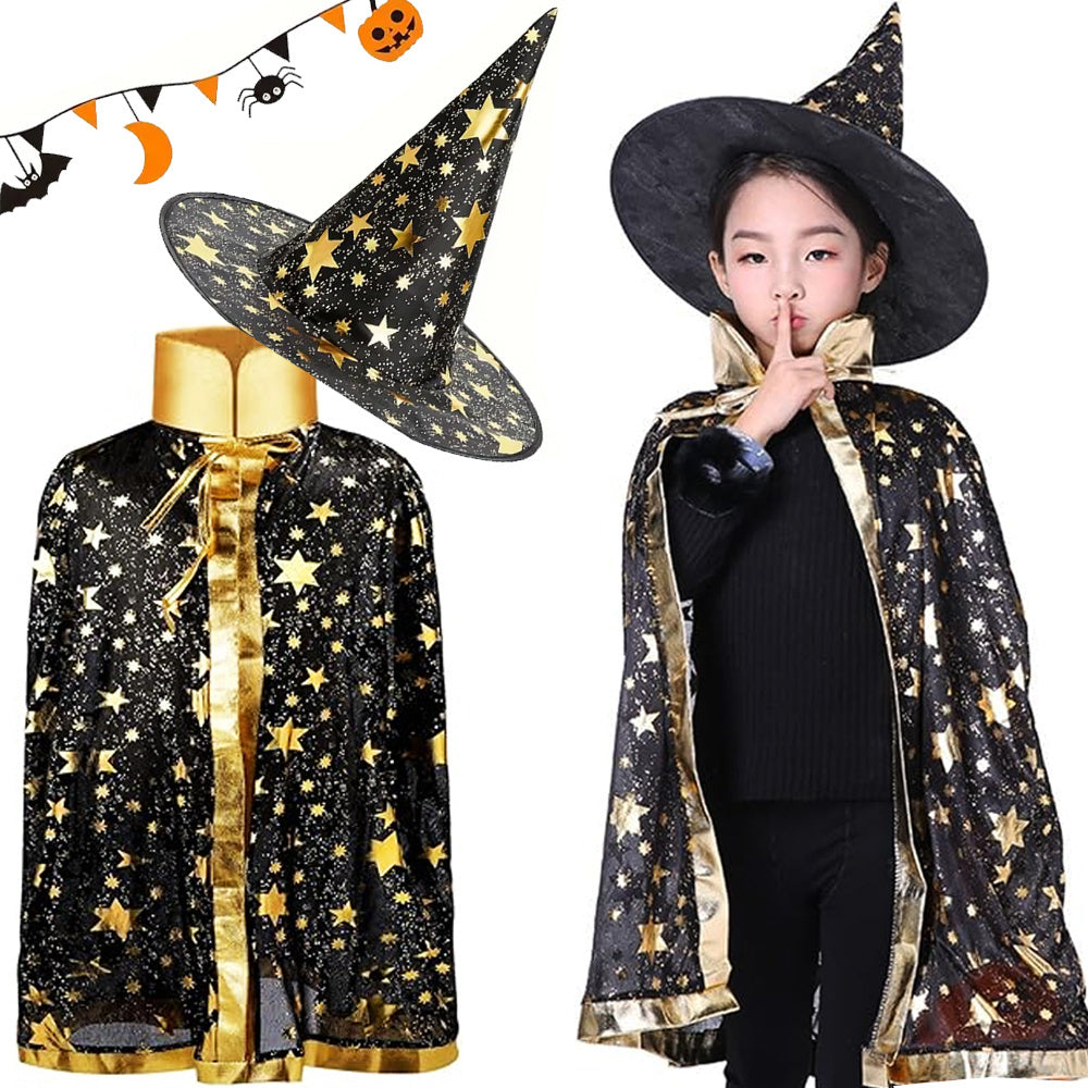 Kinder Halloween Kostüm Hexe Zauberer Umhang mit Hut Kürbis Candy Bag - NEU