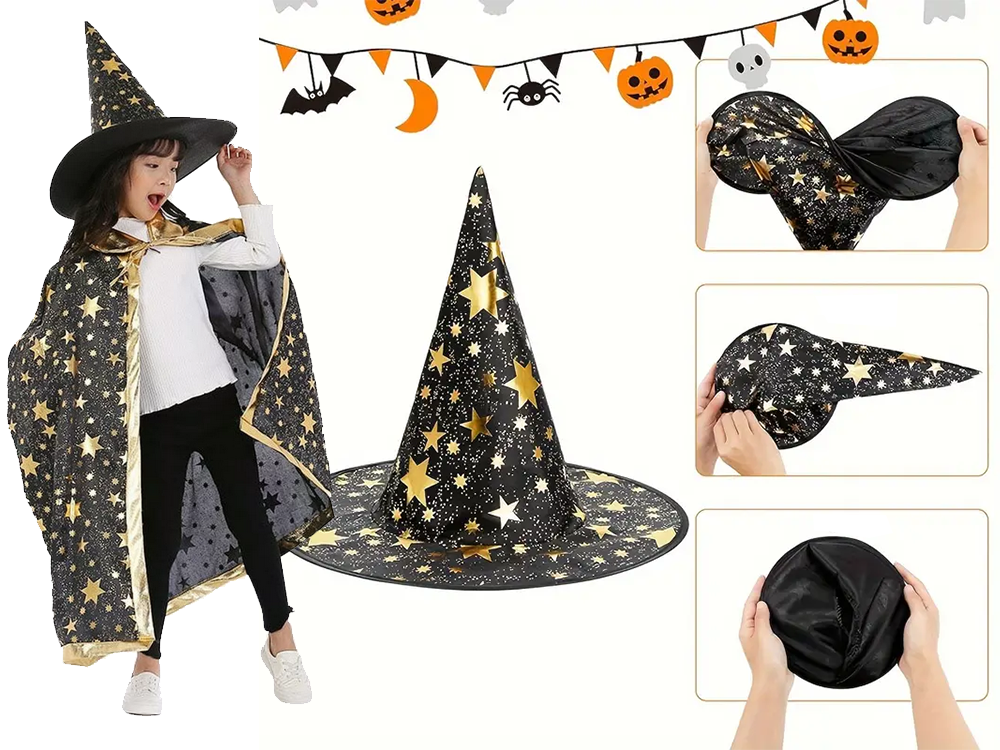 Kinder Halloween Kostüm Hexe Zauberer Umhang mit Hut Kürbis Candy Bag - NEU
