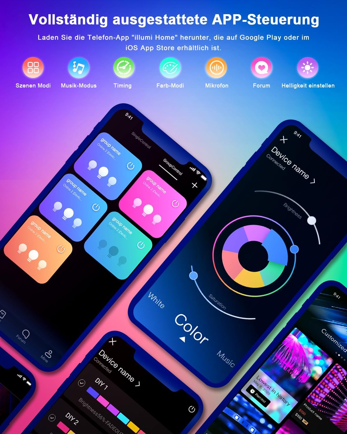 LED Strip 40m RGB – Bluetooth LED Streifen mit App & Fernbedienung, Musik Sync, 16 Mio. Farben, Timer