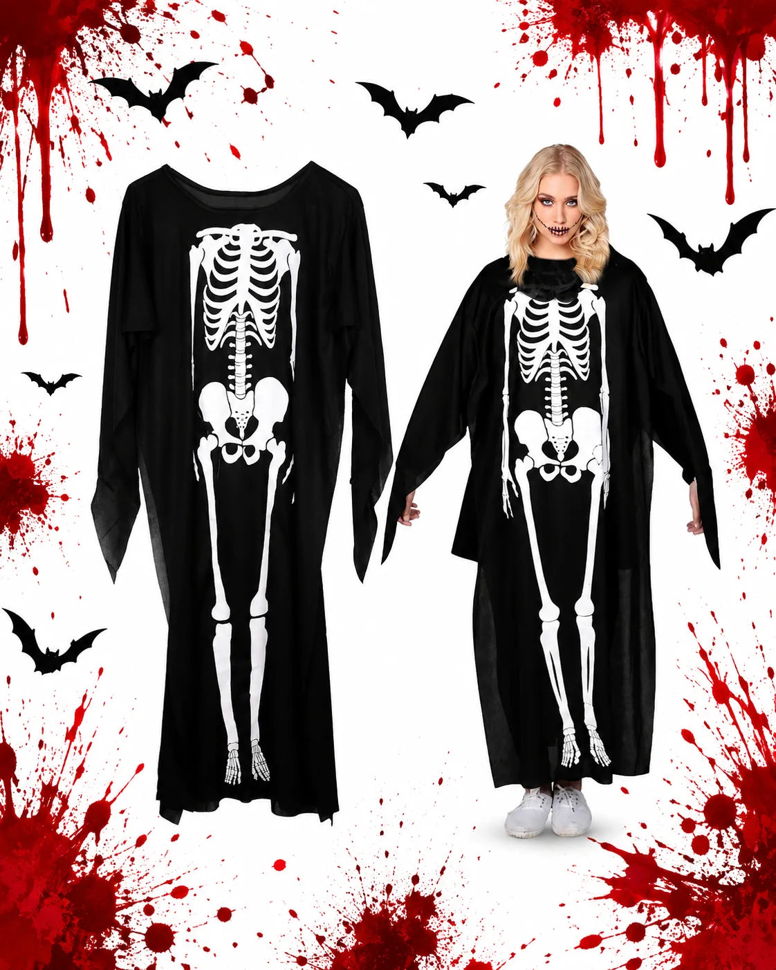 Skelett Kostüm Damen & Kinder Halloween Jumpsuit Cosplay Karneval Verkleidung