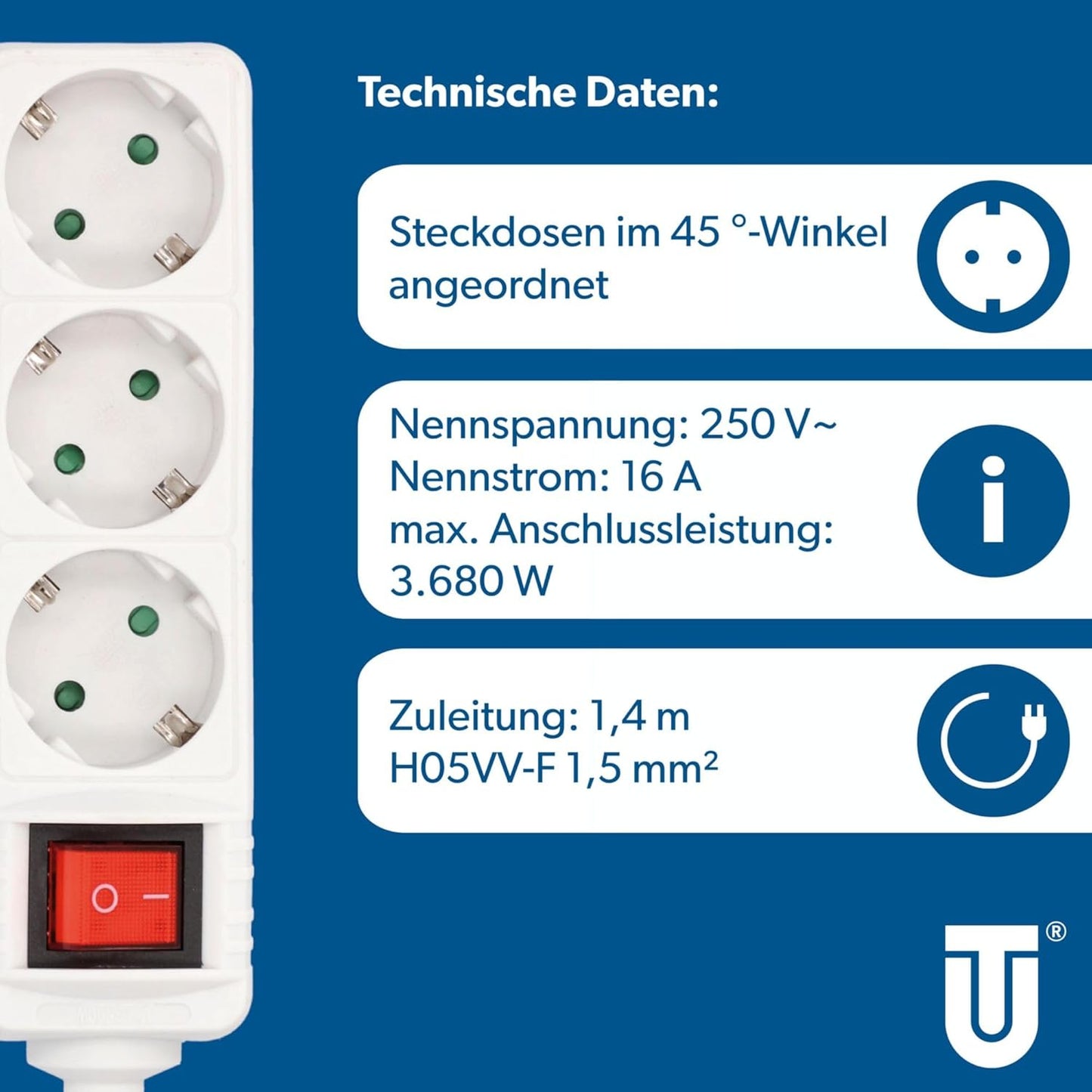 UNITEC 3-fach Steckdosenleiste mit Schalter – 1,4m Kabel, 3680W, IP20, Weiß