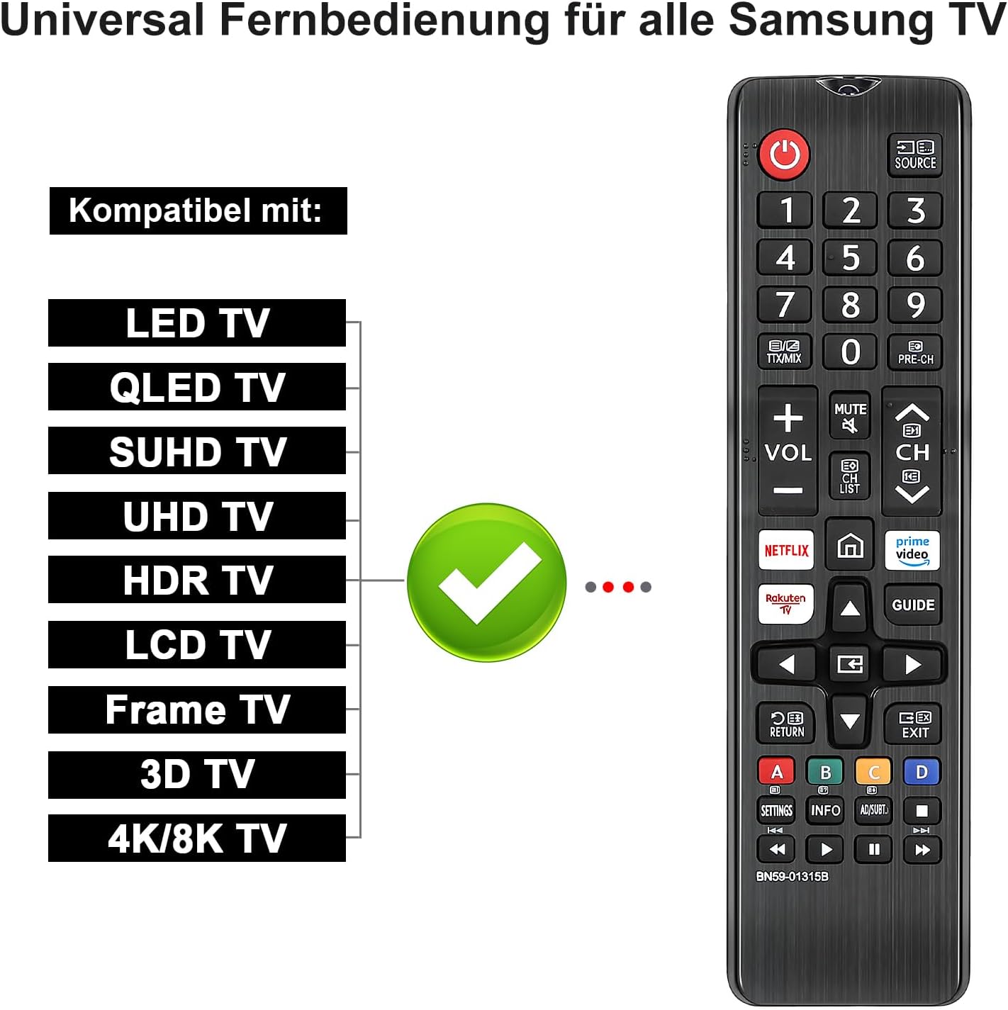 Universal Samsung Smart TV Fernbedienung BN59-01315B – Ersatz für AA59 & BN59 Modelle mit Netflix & Rakuten Taste